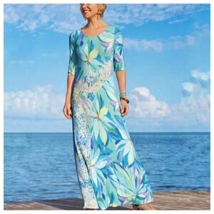 NWT! Soft Surroundings Stella Dress Painterly Blue Jersey Knit